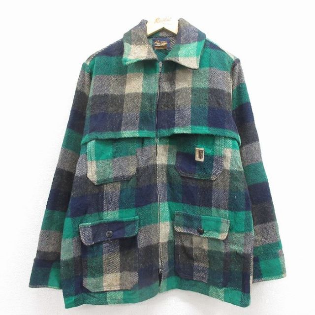 L★古着 長袖 ウール ジャケット メンズ 80年代 80s カナダ製 緑他 チェック 25dec03