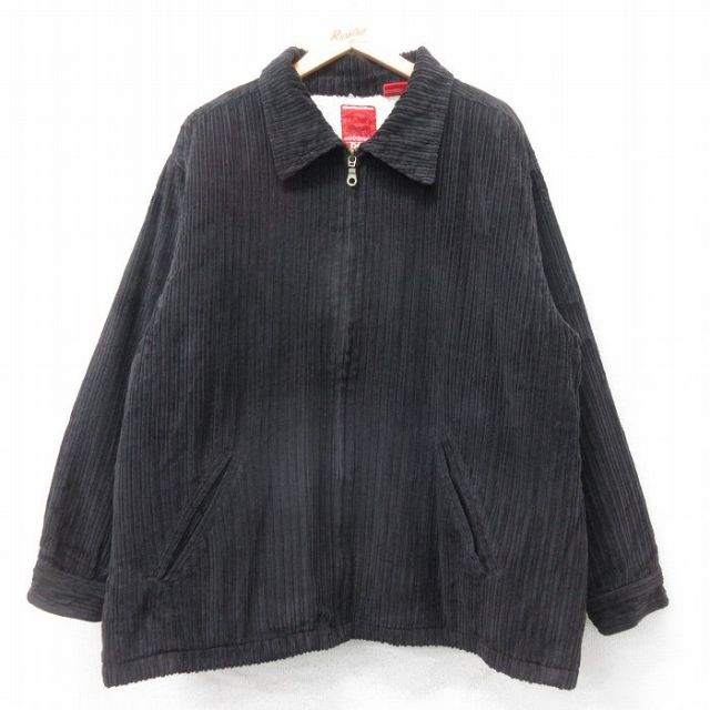 XL★古着 長袖 コーデュロイ ジャケット メンズ 太畝 大きいサイズ コットン 黒 内側ボア 25dec16
