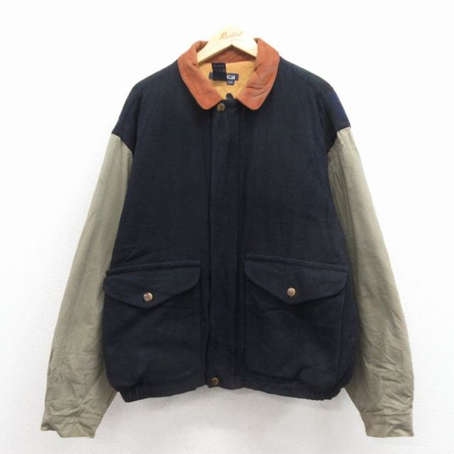 XL★古着 ノーティカ 長袖 ブランド ウール ジャケット メンズ 90年代 90s レザー使用 紺 25dec27