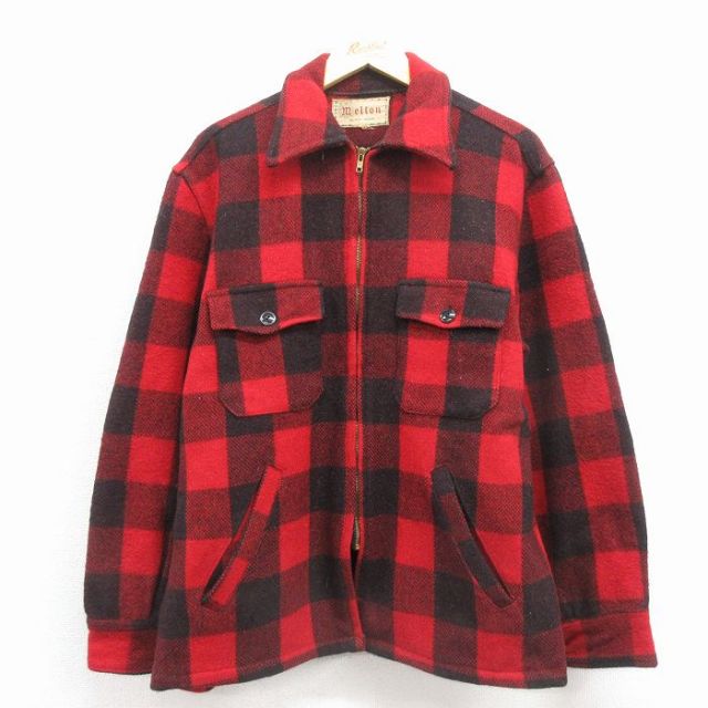 XL★古着 メルトン 長袖 ビンテージ ウール ジャケット メンズ 50年代 50s 赤 バッファロー チェック【spe】 25dec27