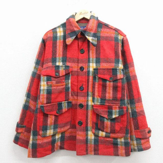 XL★古着 長袖 ウール ジャケット メンズ 80年代 80s 赤他 チェック 26jan08