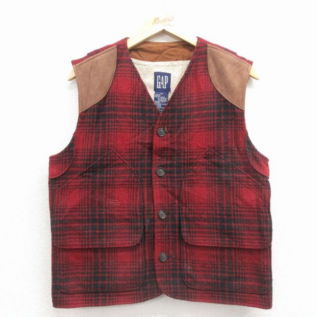【20%OFF】ギャップ 90s ウールベスト レザー使用 レッドチェック S | 古着