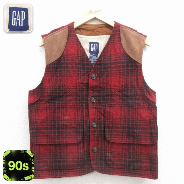 【50%OFF】ギャップ 90s ウールベスト レザー使用 レッドチェック S | 古着