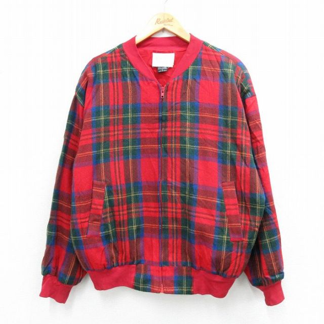 XL★古着 長袖 ウール ジャケット メンズ 90年代 90s 赤他 タータン チェック 26jan19