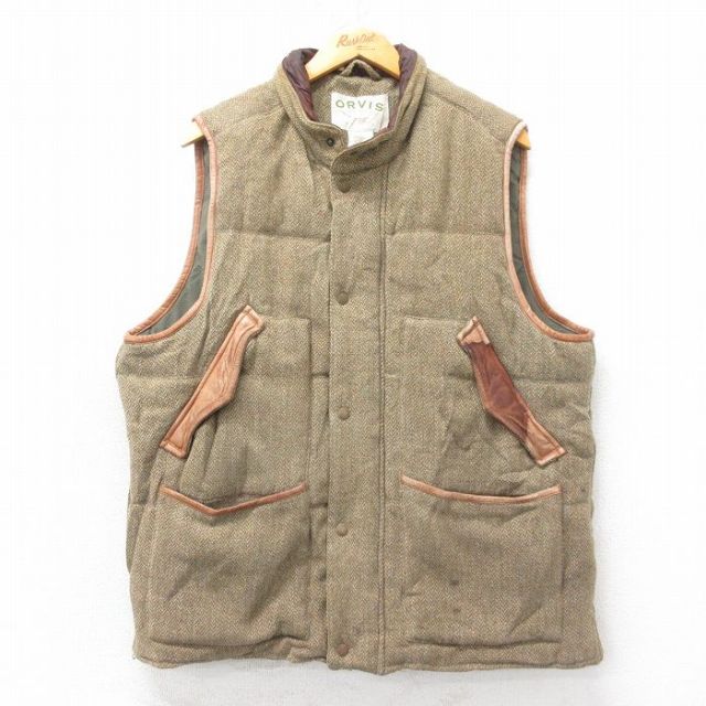 XL★古着 オービス ウール ベスト メンズ 00年代 00s レザー使用 ベージュ他 内側メッシュ 26jan21