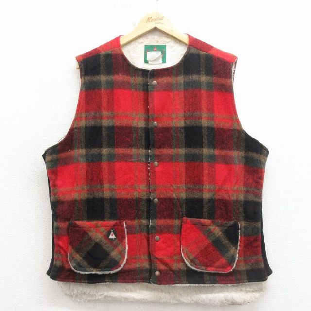 XL★古着 ウール ベスト メンズ 90年代 90s カナダ製 赤他 チェック 内側ボア 26feb14