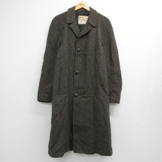 L★古着 Robert Hall 長袖 ビンテージ メンズ 60年代 60s ロング丈 ハリスツイード コート ウール USA製 カーキ チェック【spe】 26sep25