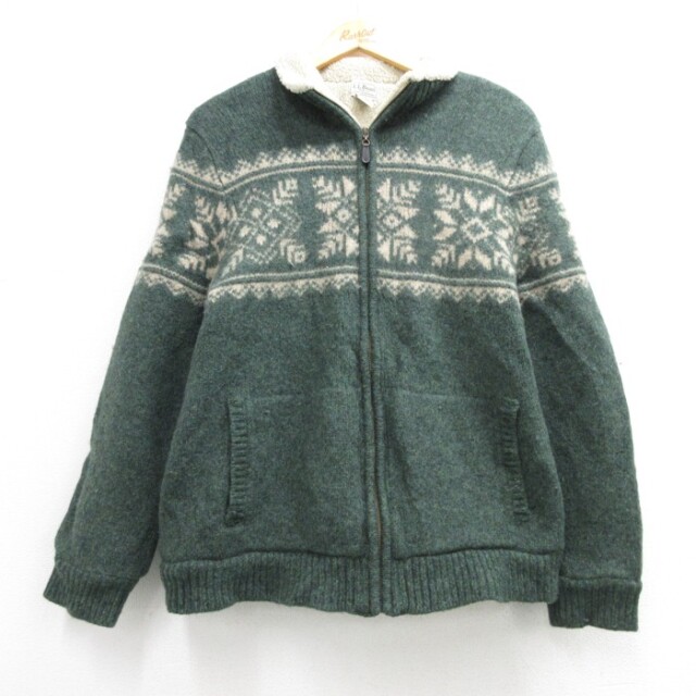 M★古着 L.L.Bean エルエルビーン 長袖 ジャケット メンズ 00年代 00s ラムズ ウール ボア 総柄 グリーン【spe】 26oct07