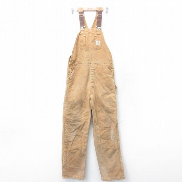 【50%OFF】W34★古着 カーハート Carhartt オーバーオール メンズ 90年代 90s ダブルニー ダック地 コットン USA製 茶 ブラウン 内側キルティング 25jan31 中古 ボトムス