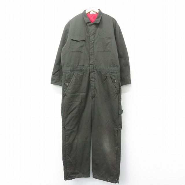 W45★古着 ディッキーズ Dickies 長袖 ワーク ツナギ メンズ 90年代 90s 大きいサイズ 濃緑 グリーン 内側キルティング 25jan31 中古 オールインワン ボトムス
