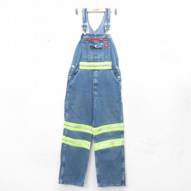 W35★古着 ディッキーズ Dickies オーバーオール メンズ リフレクター コットン 紺 ネイビー デニム 25feb08 中古 ボトムス
