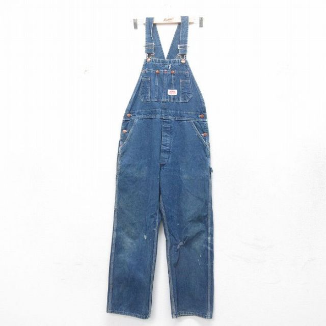W35★古着 ラウンドハウス オーバーオール メンズ 90年代 90s コットン USA製 紺 ネイビー デニム 25feb08 中古 ボトムス
