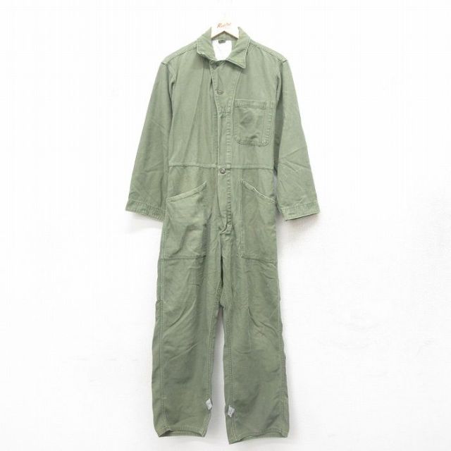 W32★古着 長袖 ミリタリー ベイカー ツナギ メンズ 80年代 80s コットン USA製 緑 グリーン 25feb10 中古 オールインワン ボトムス