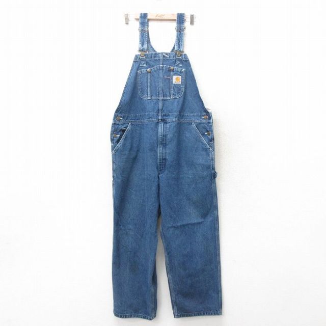 W44★古着 カーハート Carhartt オーバーオール メンズ 大きいサイズ コットン 紺 ネイビー デニム 25mar05 中古 ボトムス