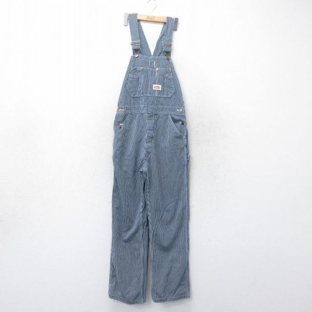 W32★古着 ラウンドハウス オーバーオール メンズ 90年代 90s ヒッコリー コットン USA製 紺他 ネイビー ストライプ 25mar19 中古 ボトムス
