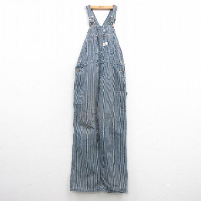 W36★古着 ラウンドハウス オーバーオール メンズ 90年代 90s コットン USA製 濃紺他 ネイビー ヒッコリー ストライプ 【spe】 25mar22 中古 ボトムス
