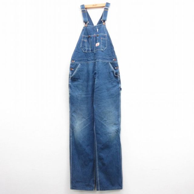 W37★古着 ラウンドハウス オーバーオール メンズ 90年代 90s コットン USA製 紺 ネイビー デニム 25mar22 中古 ボトムス