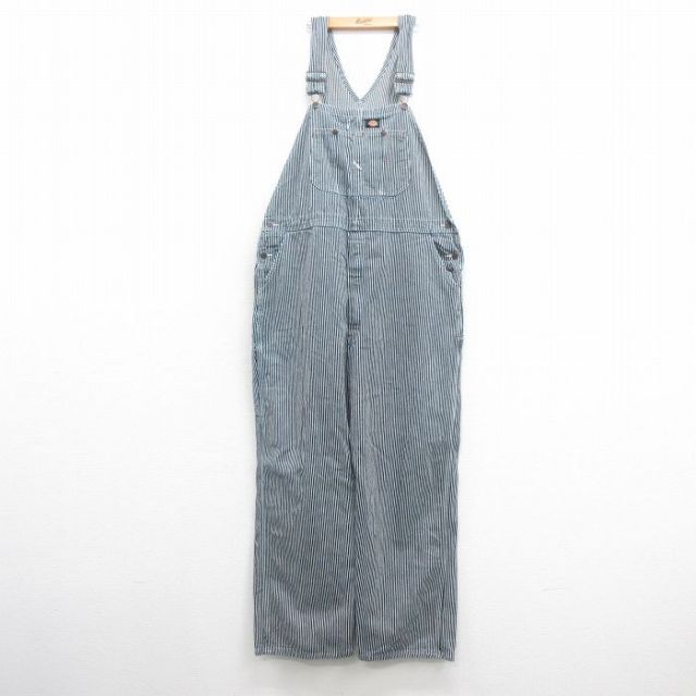 W43★古着 ディッキーズ Dickies オーバーオール メンズ 大きいサイズ 濃紺他 ネイビー ヒッコリー ストライプ 25mar22 中古 ボトムス