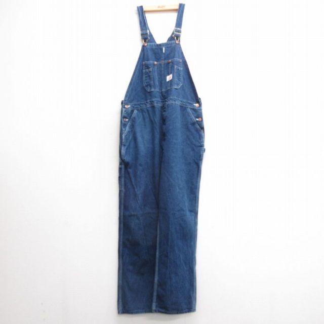 W44★古着 ラウンドハウス オーバーオール メンズ 90年代 90s 大きいサイズ コットン USA製 紺 ネイビー デニム 25mar29 中古 ボトムス