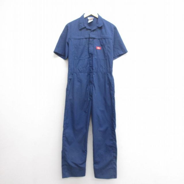 W37★古着 ディッキーズ Dickies 半袖 ワーク ツナギ メンズ 00年代 00s 開襟 オープンカラー 紺 ネイビー 25jun24 中古 オールインワン ボトムス