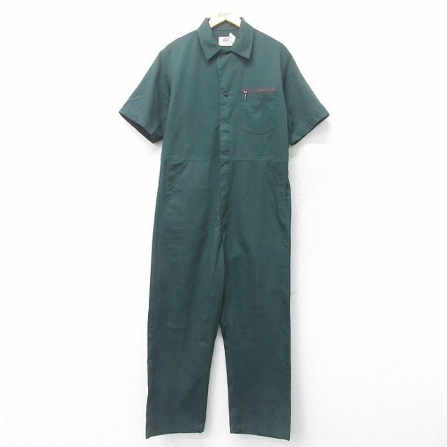【20%OFF】W38★古着 半袖 ワーク ツナギ メンズ 90年代 90s USA製 濃緑 グリーン 25jul05 中古 オールインワン ボトムス
