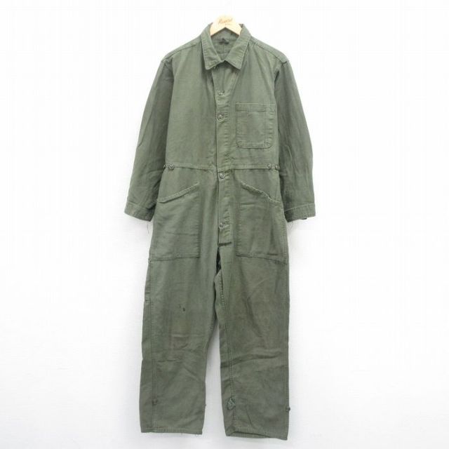 W33★古着 長袖 ミリタリー ベイカー ツナギ メンズ 80年代 80s 緑 グリーン 25aug22 中古 オールインワン ボトムス