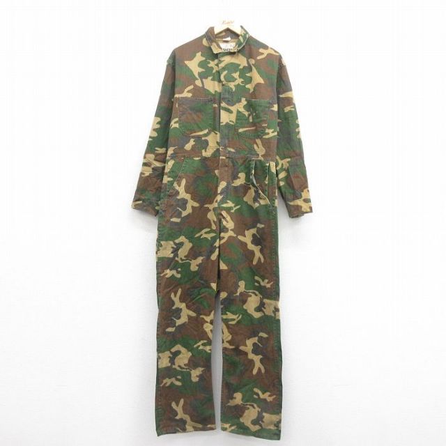 【50%OFF】W39★古着 長袖 ハンティング ツナギ メンズ 80年代 80s ウッドランドカモ コットン USA製 緑他 グリーン 迷彩 25sep20 中古 オールインワン ボトムス