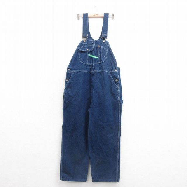 W43★古着 キー KEY オーバーオール メンズ 大きいサイズ 紺 ネイビー デニム 25sep20 中古 ボトムス