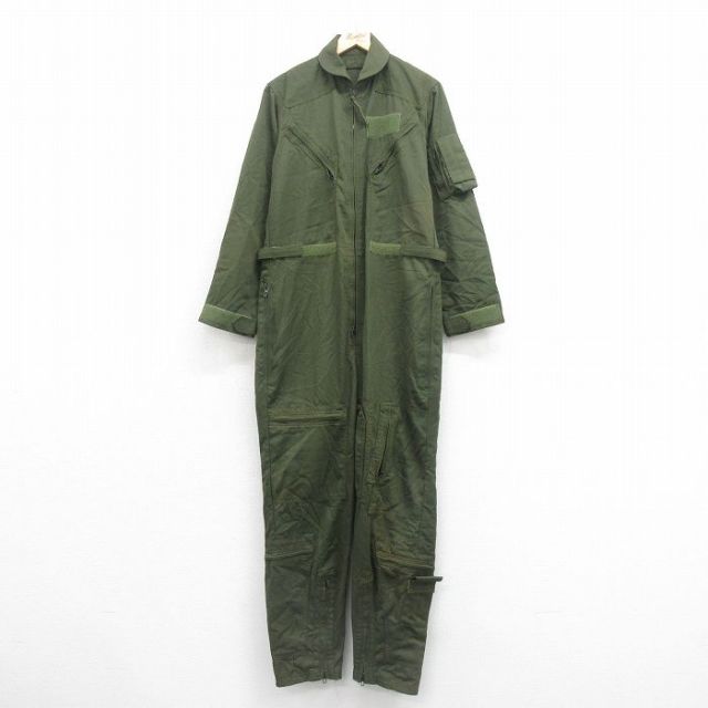 W38★古着 長袖 ミリタリー ツナギ メンズ 90年代 90s USA製 濃緑 グリーン 25sep20 中古 オールインワン ボトムス