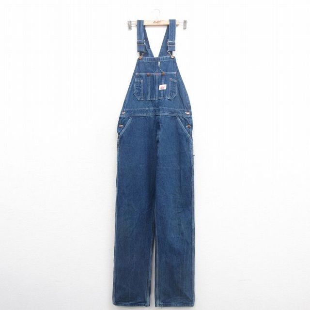 W37★古着 ラウンドハウス オーバーオール メンズ 90年代 90s コットン USA製 紺 ネイビー デニム 25oct20 中古 ボトムス