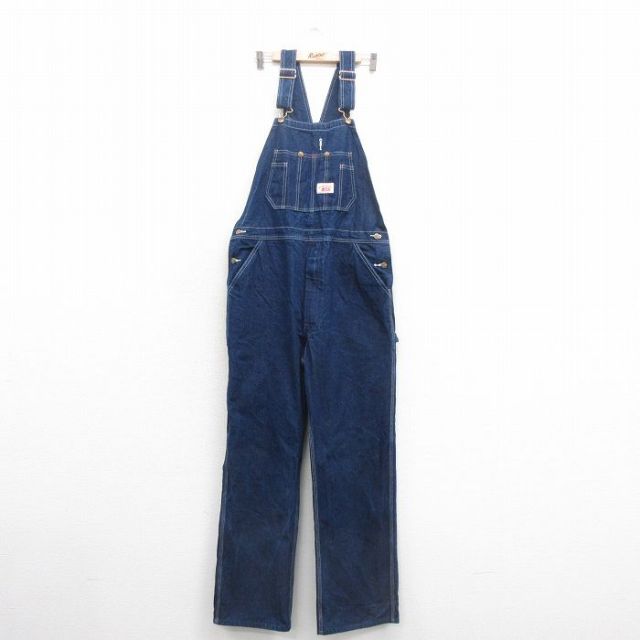 W38★古着 ラウンドハウス オーバーオール メンズ コットン 紺 ネイビー デニム 25oct22 中古 ボトムス