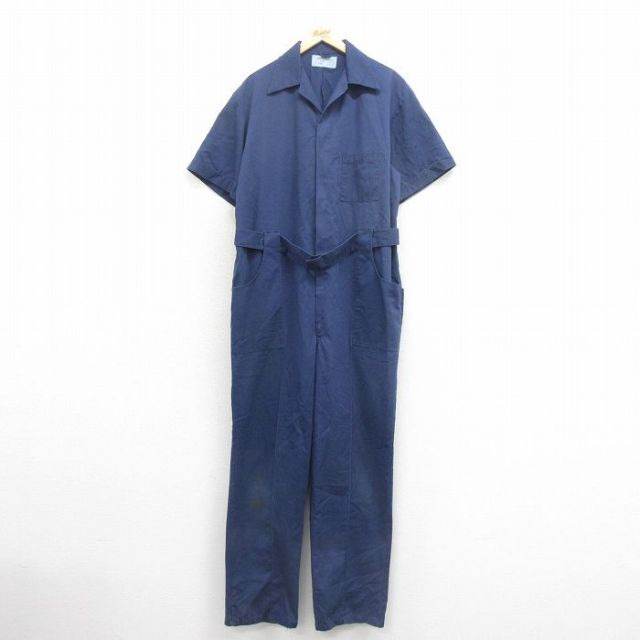 【20%OFF】W45★古着 半袖　ワーク ベイカー ツナギ メンズ 80年代 80s 大きいサイズ 開襟 オープンカラー USA製 タロン 青 ブルー 25oct22 中古 オールインワン ボトムス