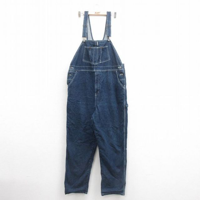 W45★古着 オーバーオール メンズ 大きいサイズ コットン 濃紺 ネイビー デニム 25oct22 中古 ボトムス