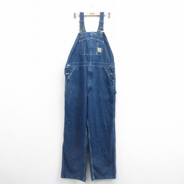 W39★古着 カーハート Carhartt オーバーオール メンズ コットン 紺 ネイビー デニム 25nov01 中古 ボトムス
