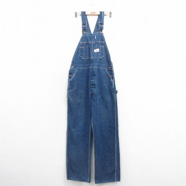 W36★古着 ラウンドハウス オーバーオール メンズ 90年代 90s コットン USA製 紺 ネイビー デニム 25nov01 中古 ボトムス