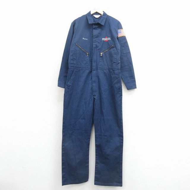 W40★古着 ウォールズ 長袖 ワーク ツナギ メンズ 90年代 90s PENNZOIL 大きいサイズ USA製 紺 25dec11