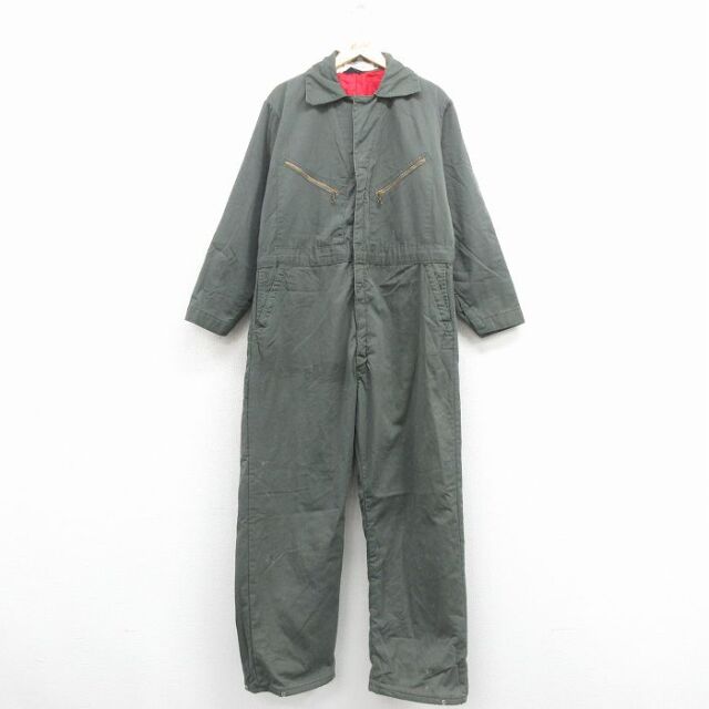 【20%OFF】W43★古着 長袖 ツナギ メンズ 80年代 80s 大きいサイズ 濃緑 内側キルティング 26jan24