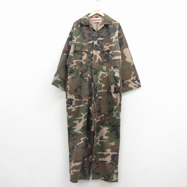 【20%OFF】W42★古着 長袖 ハンティング ベイカー ツナギ メンズ 90年代 90s 大きいサイズ ウッドランドカモ コットン 開襟 オープンカラー 緑 迷彩【spe】 26mar13