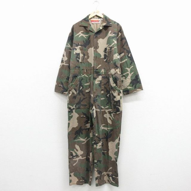 【20%OFF】W42★古着 長袖 ハンティング ベイカー ツナギ メンズ 90年代 90s 大きいサイズ ウッドランドカモ コットン 開襟 オープンカラー 緑 迷彩 26mar13