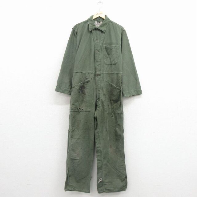 W35★古着 長袖 ミリタリー ベイカー ツナギ メンズ 80年代 80s ボロ ことtン USA製 濃緑 26mar14