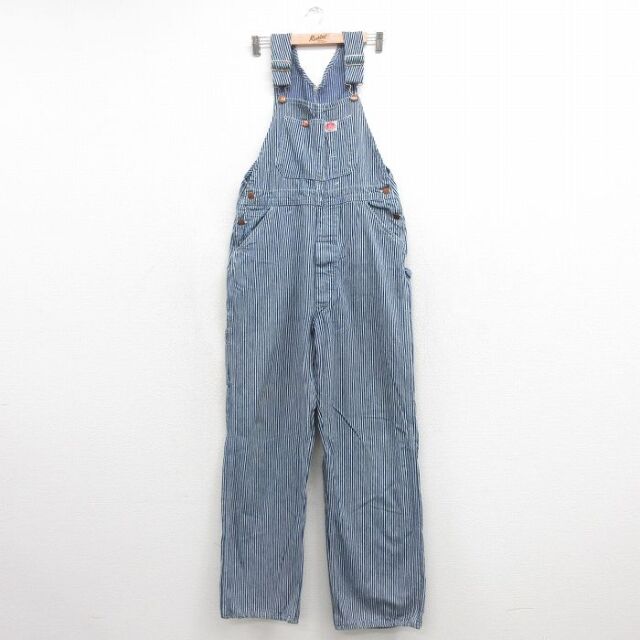 W34★古着 ラウンドハウス オーバーオール メンズ 80年代 80s コットン ネイビー ヒッコリー ストライプ【spe】 26jul27