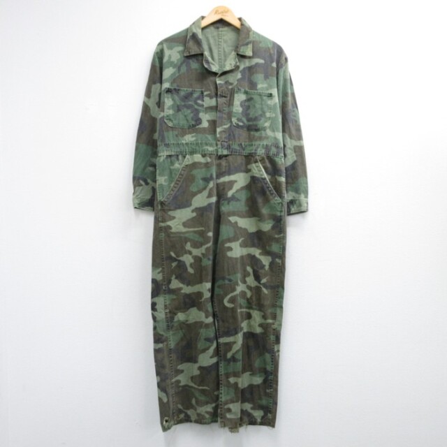 パンツ メンズ 80s 長袖 ツナギ コットン 開襟 グリーン 迷彩 実寸W38 | 古着