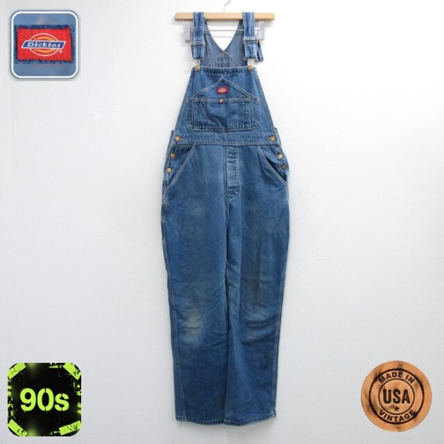 W32★古着 ディッキーズ Dickies メンズ 90年代 90s オーバーオール コットン USA製 ネイビー デニム【spe】 26oct01