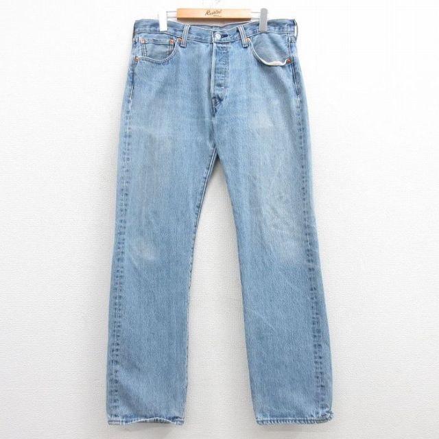 W34★古着 ジーンズ Levis リーバイス 501 メンズ ヒゲ コットン 紺 ネイビー デニム 25feb05 中古 ボトムス ジーパン Gパン ロング パンツ