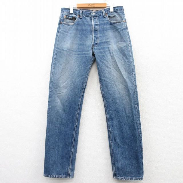 W35★古着 ジーンズ Levis リーバイス 501 メンズ 90年代 90s ヒゲ コットン USA製 紺 ネイビー デニム 【spe】 25feb15 中古 ボトムス ジーパン Gパン ロング パンツ