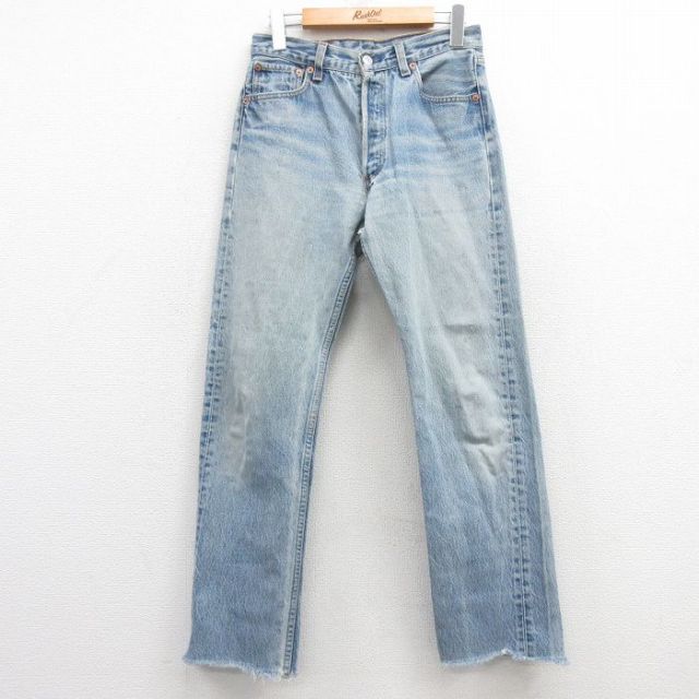 W29★古着 ジーンズ Levis リーバイス 501 メンズ 90年代 90s ヒゲ コットン USA製 薄紺 ネイビー デニム 25feb25 中古 ボトムス ジーパン Gパン ロング パンツ