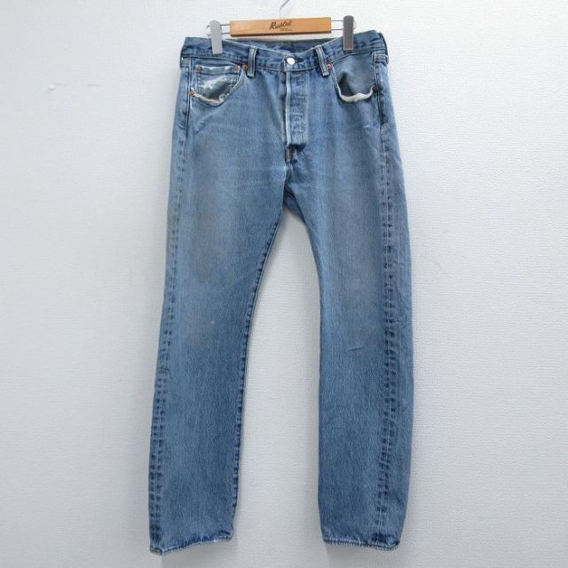 W32★古着 ジーンズ Levis リーバイス 501 メンズ コットン 薄紺 ネイビー デニム 25mar12 中古 ボトムス ジーパン Gパン ロング パンツ
