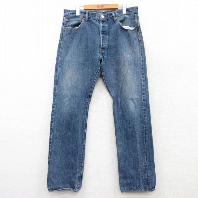 W34★古着 ジーンズ Levis リーバイス 501 メンズ コットン 紺 ネイビー デニム 25mar22 中古 ボトムス ジーパン Gパン ロング パンツ