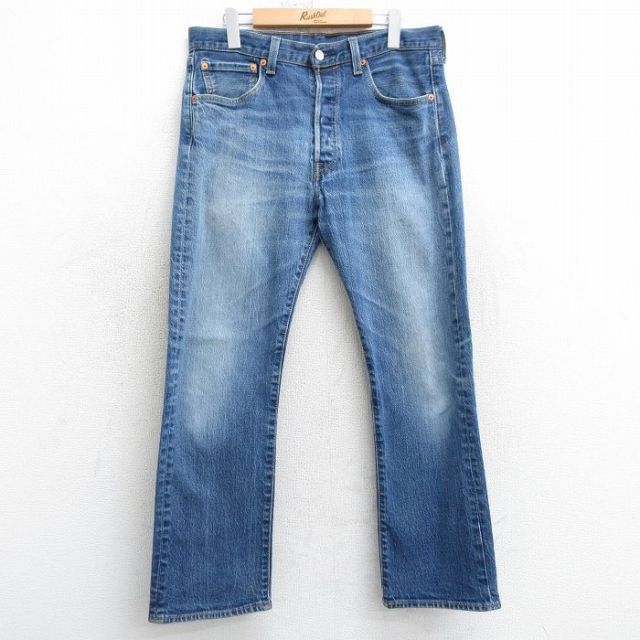 W34★古着 ジーンズ Levis リーバイス 501 メンズ ヒゲ 紺 ネイビー デニム 【spe】 25mar24 中古 ボトムス ジーパン Gパン ロング パンツ