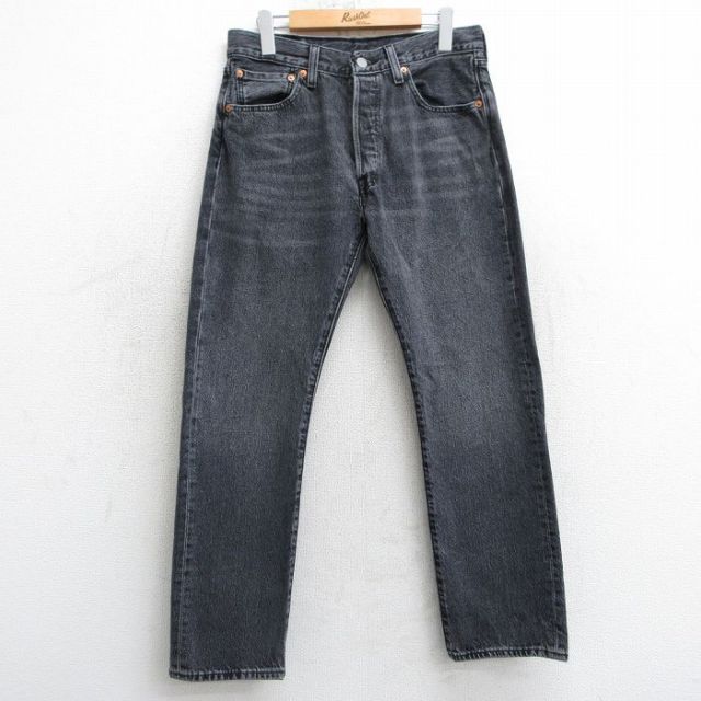 W32★古着 ジーンズ Levis リーバイス 501 メンズ ヒゲ コットン 黒 ブラック デニム 25mar24 中古 ボトムス ジーパン Gパン ロング パンツ